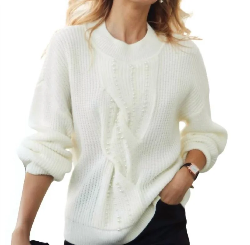 Pearl Embellished Cable Sweater In Ivory