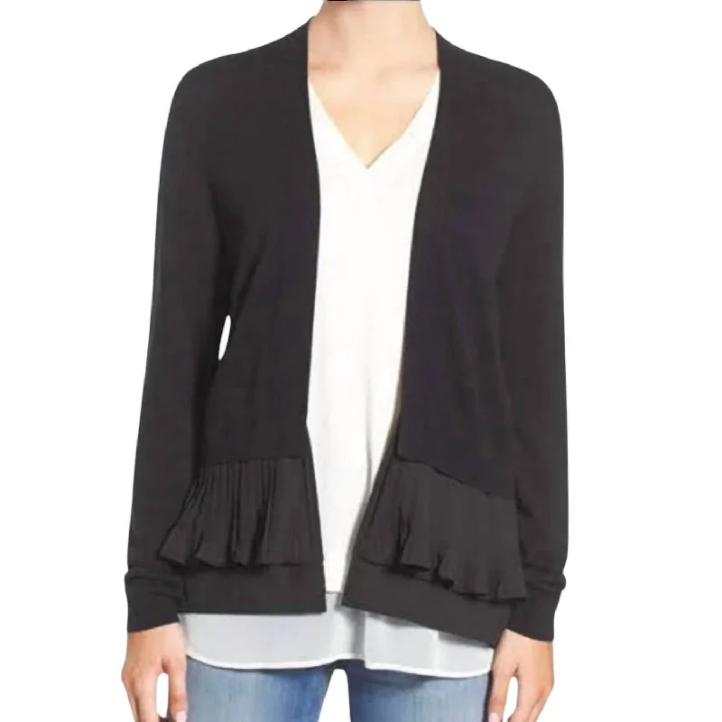 Pleated Hem Open Front Cardigan In Black