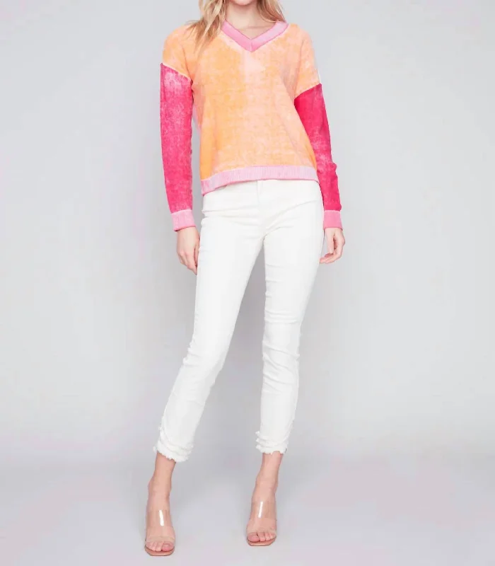 Reverse Print Colorblock Sweater In Tangerine